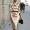 New Summer Slimming Satin Elegant Long Sleeve Dress for Women