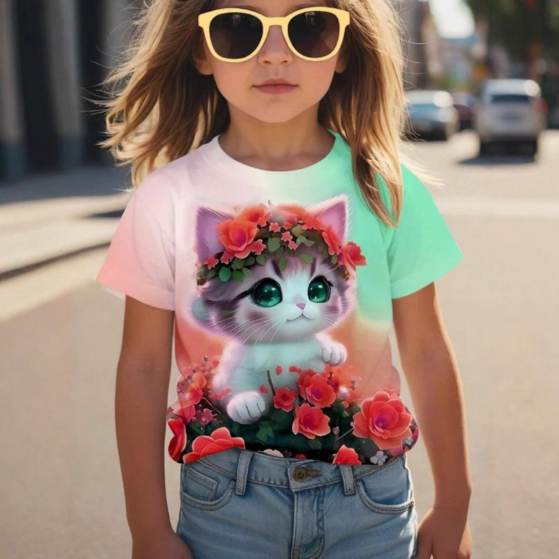 Tops Spring Autumn Printed Clothes Short Sleeve Round Neck Girls' Bottom Top T-Shirt