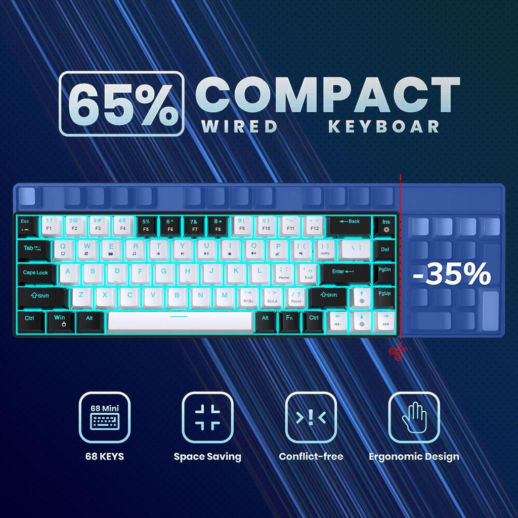 68-Key Wired Mechanical Gaming Keyboard - Hot-Swappable Blue Switches, Dual-Color Injection Keycaps, Ice Blue Backlight