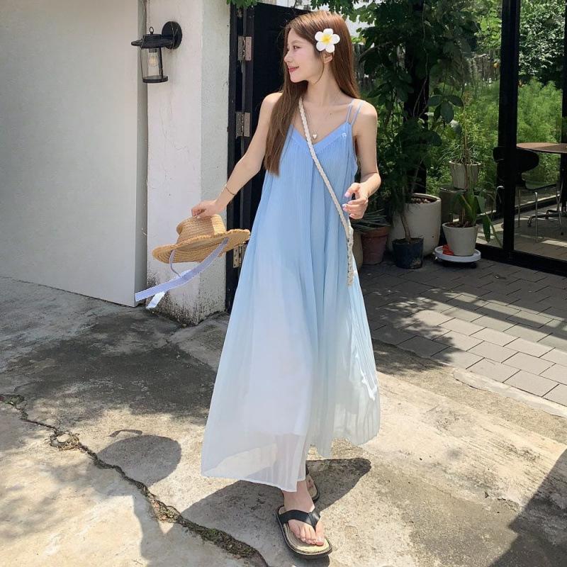 Blue gradual change suspender dress women's summer new seaside lazy holiday wind loose and thin skirt