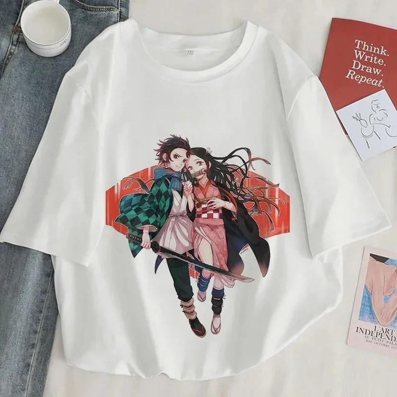 Demon Slayer Print T shirt Women Harajuku Aesthetic White Tops Tee Tshirt Japan Anime Ullzang Female TShirt summer black t-shirt