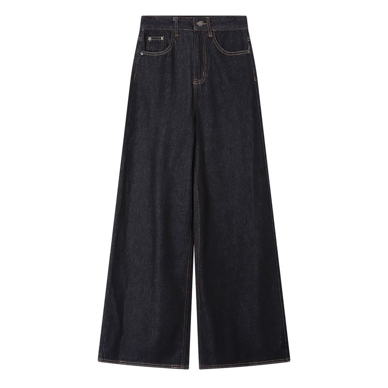 

Американский Ретро Поношенный Выцветший Синий Деним Женские Осенние Брюки с Высокой Посадкой Прямого Покроя Свободные Вертикальные Брюки-Швабры Брюки Black XL