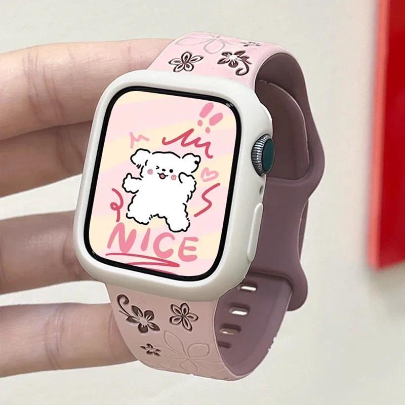 3D Floral Engraved Silicone Sport Strap Band For Apple Watch Ultra 2 49mm S10 11 42 46mm 44 45 41 38 40mm iWatch SE 9 8 7 6 5 3