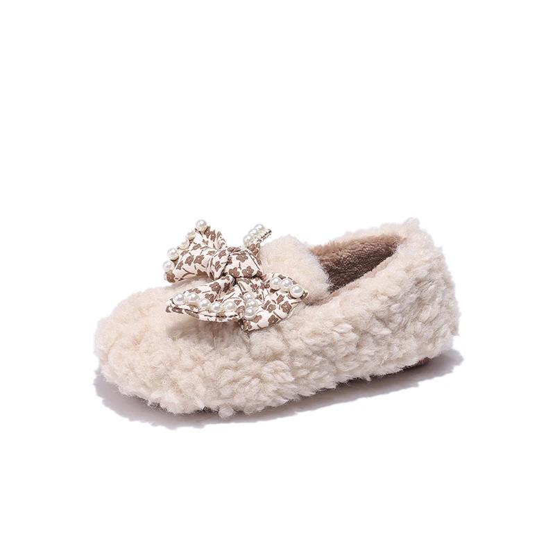 2024 New Girls Moccasin Shoes Bow with Pearls Solid Color Round-toe Children Fashion Plush Cotton Shoes Spring and Autumn Flat