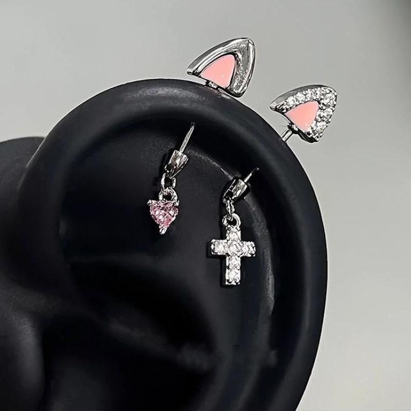 1 Pieza Pendiente de Hueso de Oreja con Colgante de Corazón y Cruz de Circonita Brillante en Forma de Oreja de Gato Para Mujeres Tendencia Accesorios de Piercing Corporal