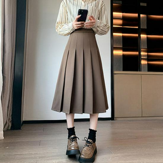 Women's Autumn/Winter High Waist Slimming Pleated Skirt with Belt - Elegant Mid-Length Swing Skirt