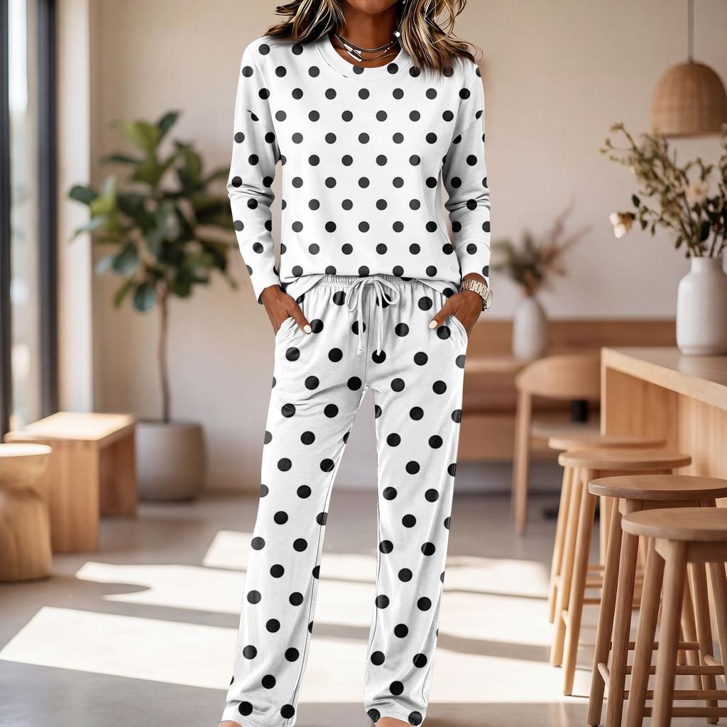 Dames Katoenen Pyjamaset met Ronde Hals Lange Mouwen Trekkoord Wijde Pijpen Broek voor Slapen en