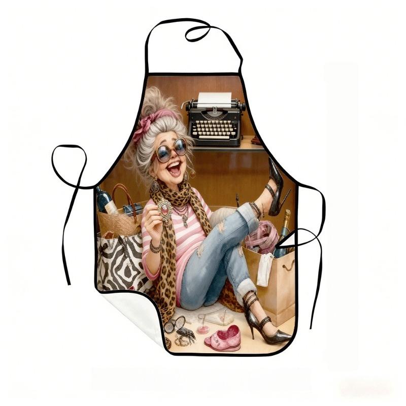 1pc, A Stylish Elderly Lady, Digital Print Art Style Apron in a Retro Display Case, Chef Apron, Suitable for Kitchens, Restauran