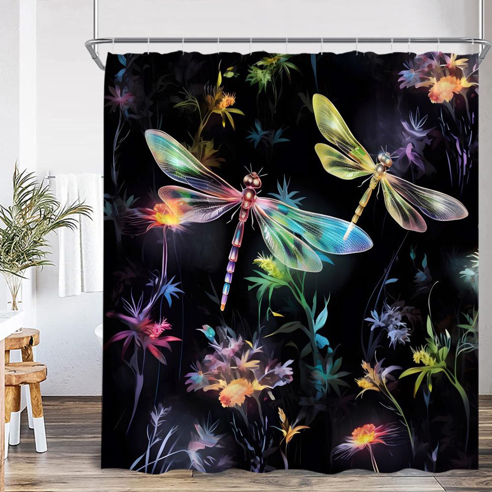 Vintage Dragonfly Shower Curtain Insect Plant Purple Flower Wistera Daisy Bathroom Decor Polyester Bathtub Curtain with Hooks