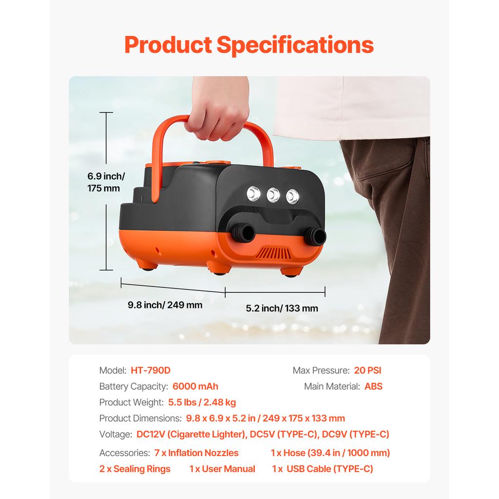 SucceBuy 20/22/40 PSI Stand-Up-Paddleboard-Pumpe Wiederaufladbar Akkubetrieben Automatische Abschaltung 12V DC Autoanschluss LED-Licht Ideal für Matratzen