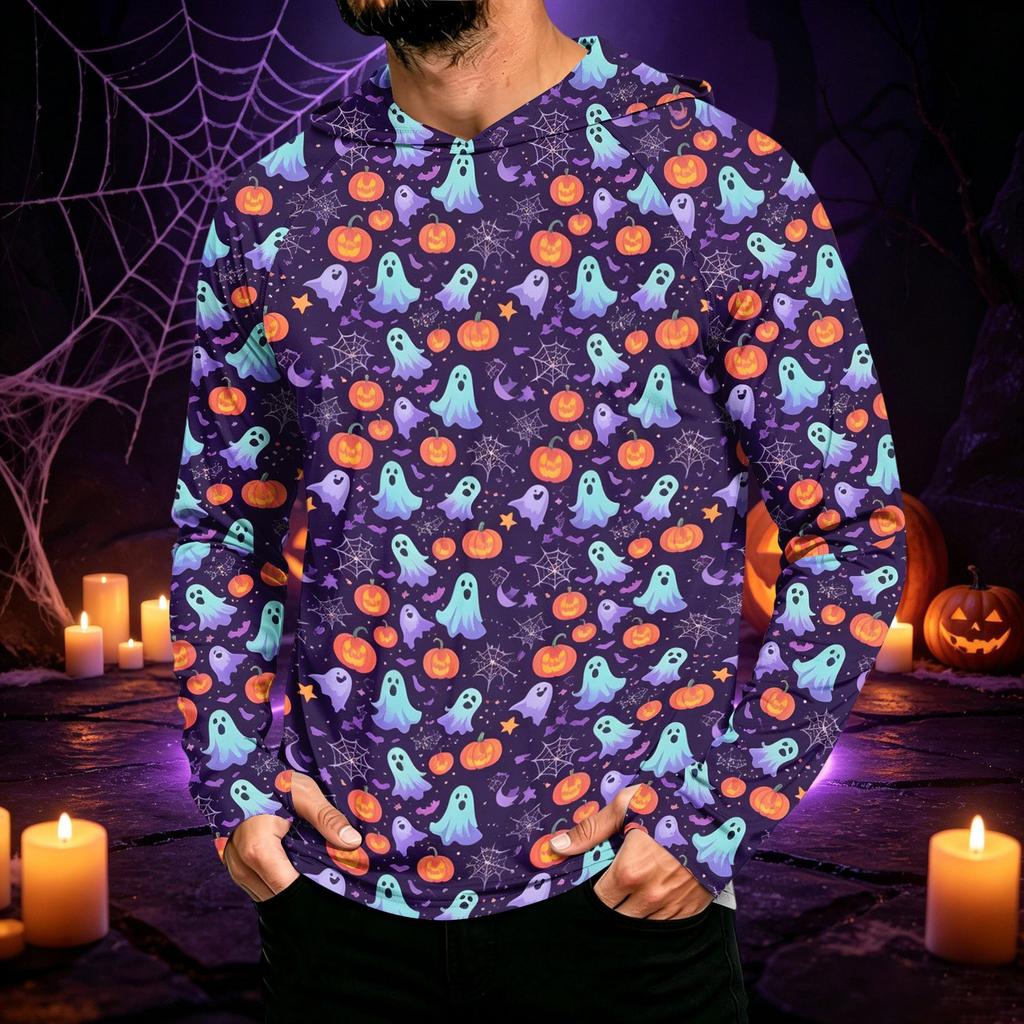 Men's Long Sleeve Sun Hoodie with Halloween Print for Outdoor Activities