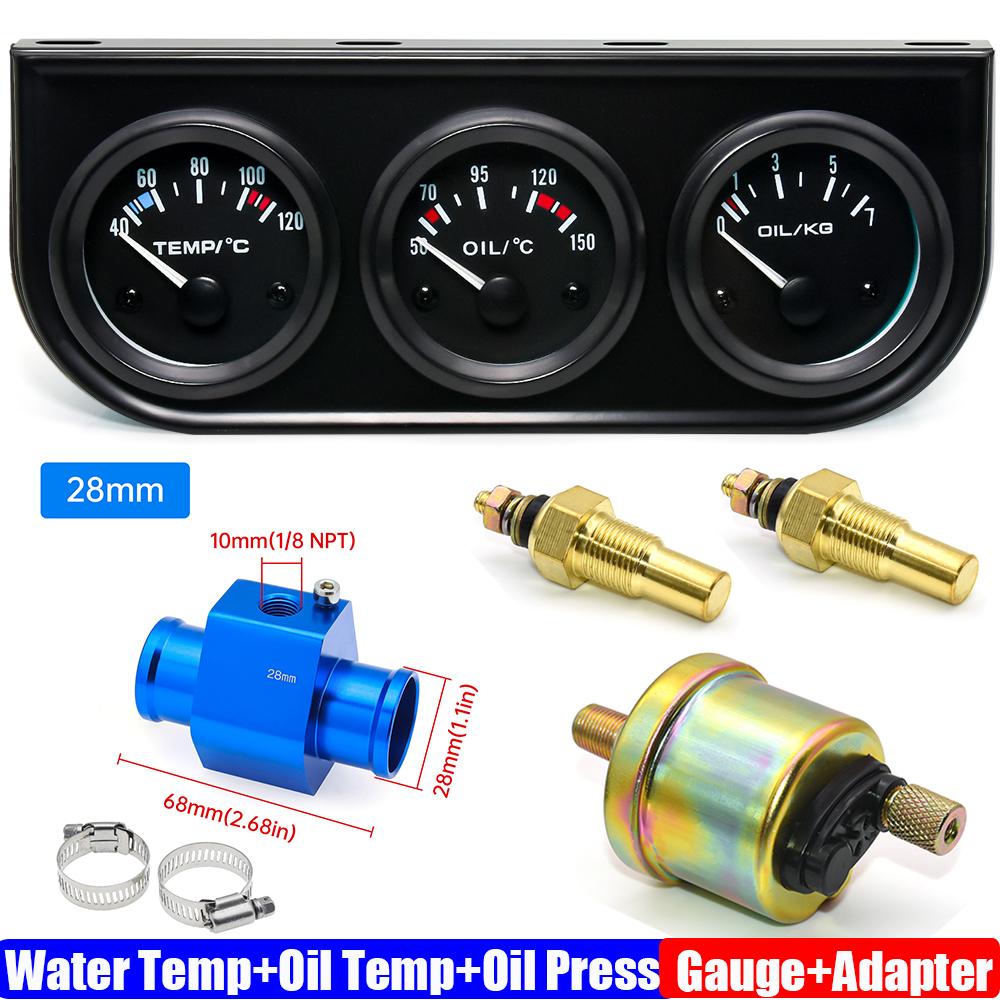 3IN1 Wassertemperaturanzeige+Öltemperaturanzeige+Öldruckanzeige mit Kühlerschlauchadapter 26MM-40MM Auto Dreifach-Anzeigen-Kit 12V
