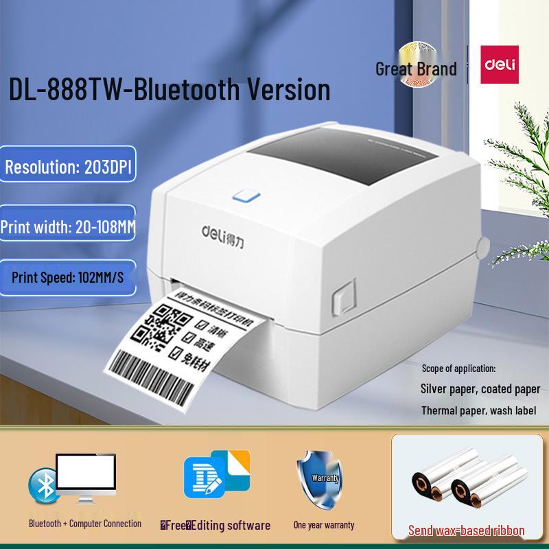 Deli DL-888T Thermal Transfer Printer: 108mm Shipping Label & Barcode Machine for Logistics