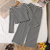 Girls' Minimalist Set: Fall Children's Black-and-White Striped V-Neck Patchwork Bow-Tie Top and Pants Two-Piece Loungewear Set