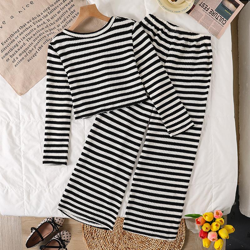 Girls' Minimalist Set: Fall Children's Black-and-White Striped V-Neck Patchwork Bow-Tie Top and Pants Two-Piece Loungewear Set