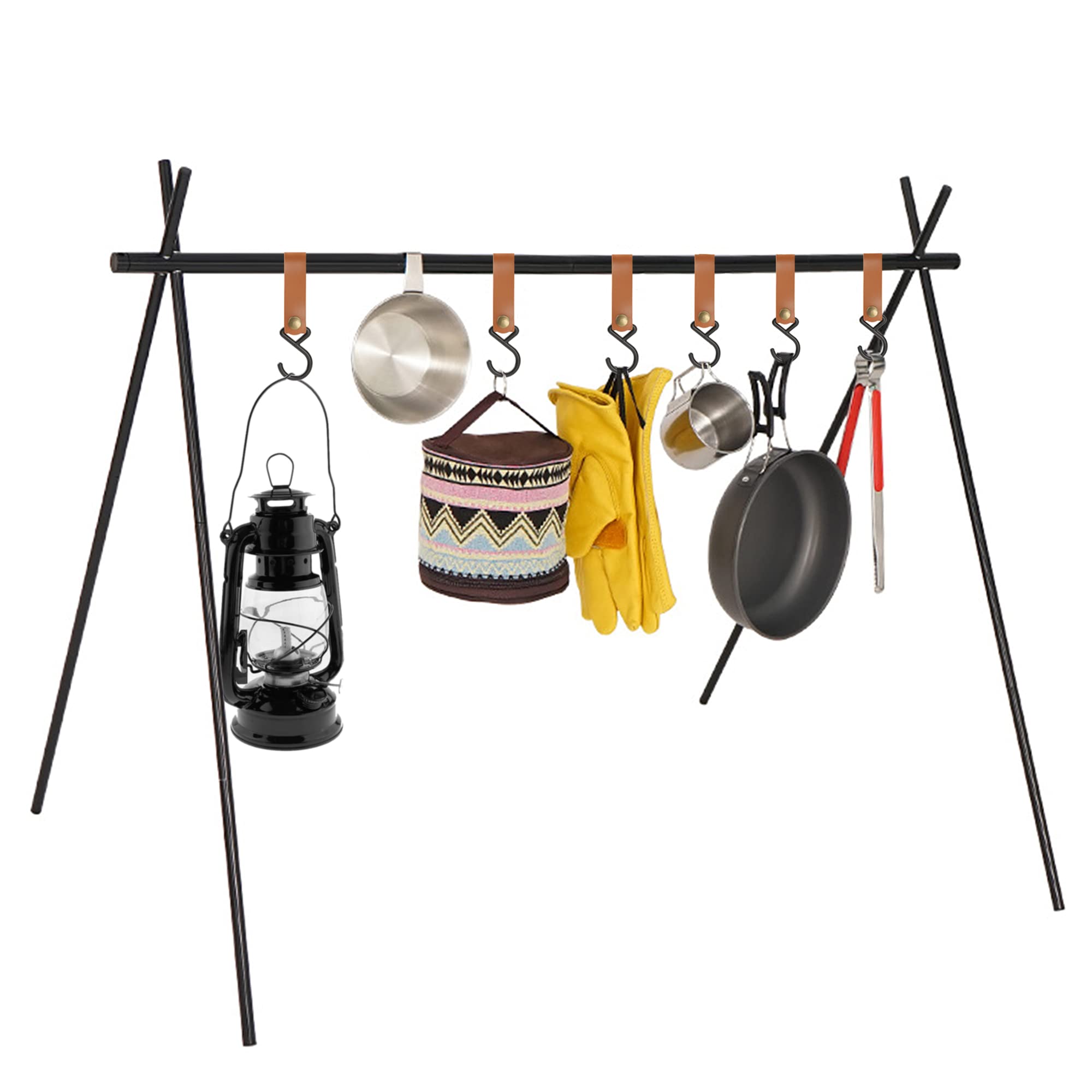 

CHENGMAY Lantern Stand Outdoor Folding Shelf Hanging Rack with 6 Leather Hooks, Aluminum, Lightweight Lantern Hanger, Spice Rack, Camping Gear, Indian