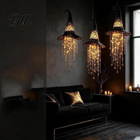 Decorazione Cappello da Strega Illuminato 2 Pezzi Campanella Appesa in Rete Nera Luminosa, Lampada Scintillante Decorazioni per Eventi Festivi con Stelle a Cascata per Finestra