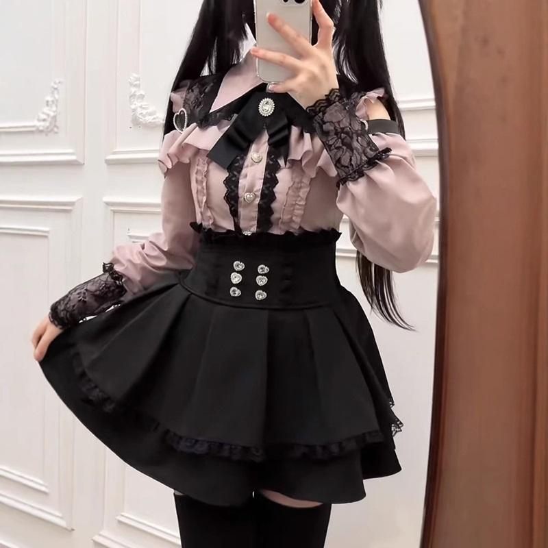 JK Rock Japanischer Stil Lolita Y2K Süß Schuluniform Bluse Oberteil Kleid Dunkelheit Outfit Damen Mädchen Mottoparty