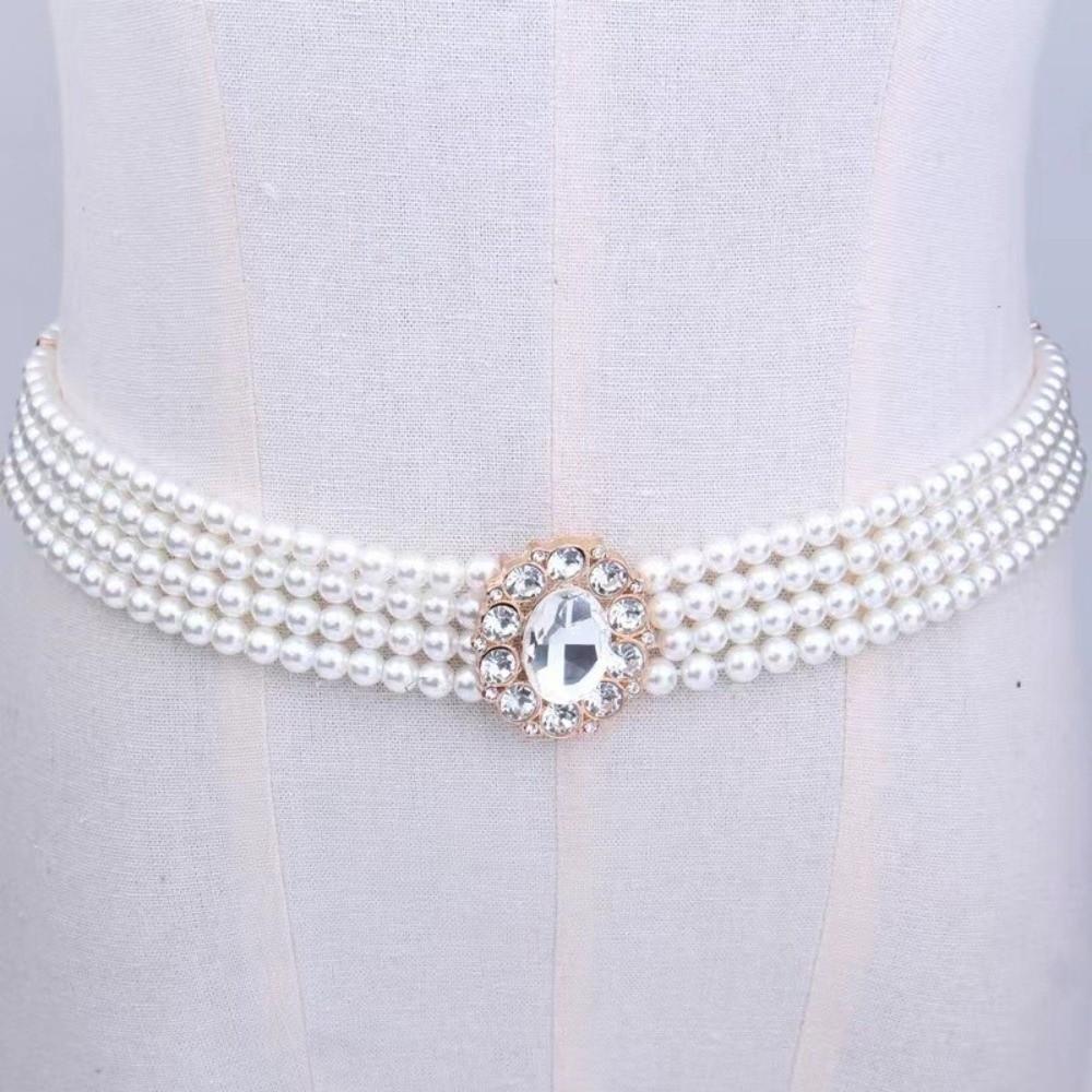 Fashion White Pearl Pearl Belts Crystal Rhinestone Elegant Waist Chain Wedding Sash Women's Fashion