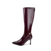 2025 Frühling und Herbst neue Stiefel Damen Langschaftstiefel spitze Zehenpartie dünner Absatz hoher Absatz dünne Stiefel Wadenumfang hohe Stiefel bordeauxrot