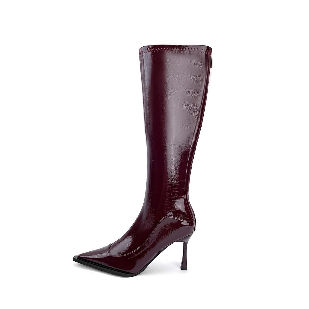 2025 Frühling und Herbst neue Stiefel Damen Langschaftstiefel spitze Zehenpartie dünner Absatz hoher Absatz dünne Stiefel Wadenumfang hohe Stiefel bordeauxrot