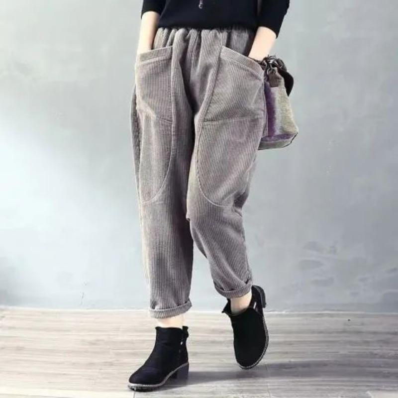 Autumn Winter Elastic Waist Solid Loose Causal Corduroy Harem Pants Women Pockets All-match Velvet Trousers