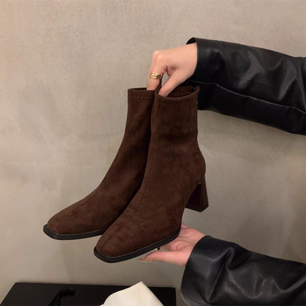 Zhike high-heeled Korean small ankle boots suede Martin boots women's shoes 2025 new autumn and winter square head thin short boots