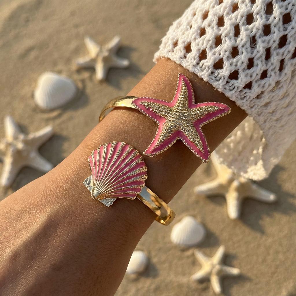 Elegantes Emaille-Blumen-Offenmanschettenarmband für Damen, Metall Goldbeschichtet, Rosa Weiß Blau, Florale Armreifen, Strandparty Urlaubs Schmuck