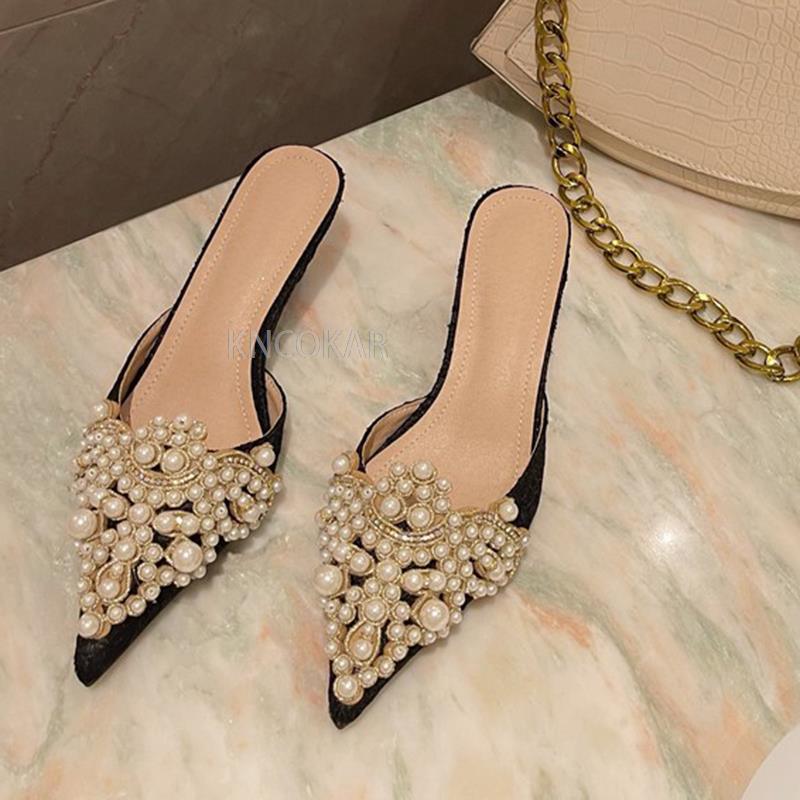 Spring Autumn Fashion Sexy Women's Shoes Elegant String Bead Crystal Patchwork Slip-On 35-42 Thin Heels Slipper NEW 2025 Ladies