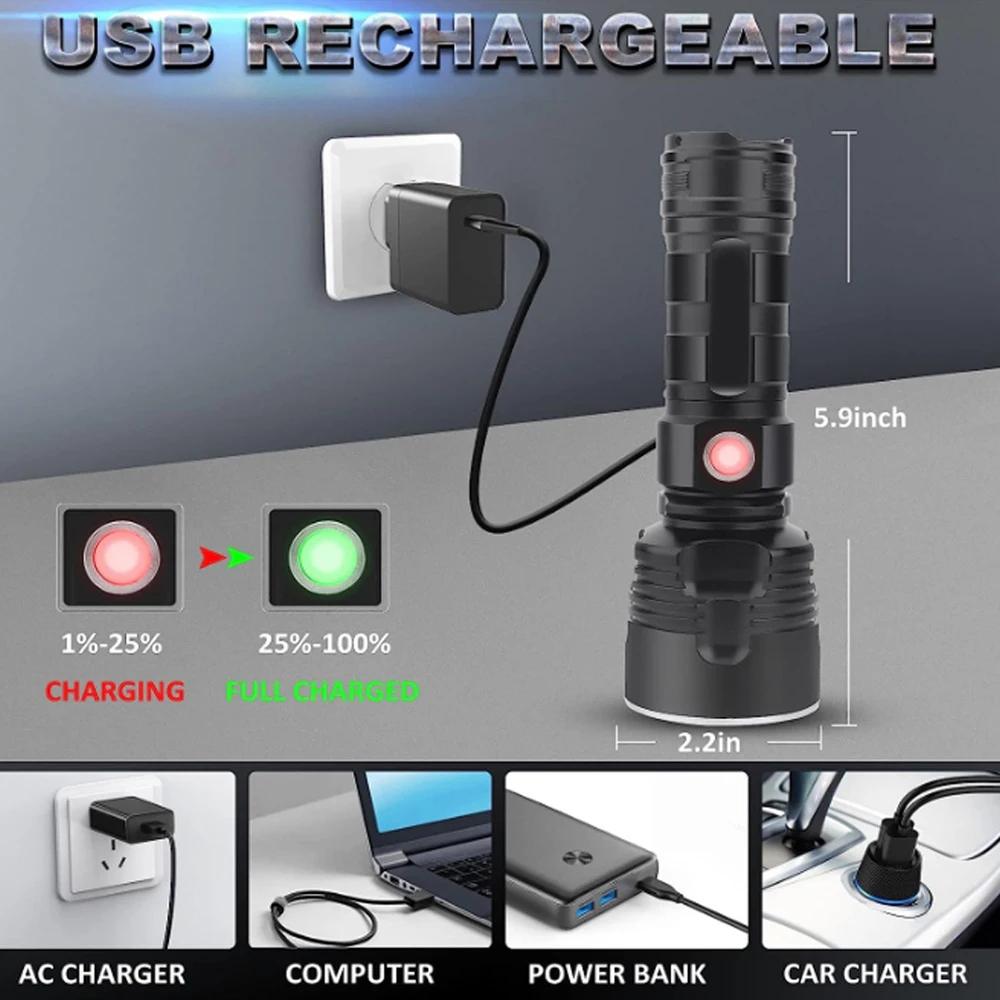 A Super Bright LED Flashlight USB Rechargeable Waterproof Lamp XM-L2 XHP70 Outdoor LightingTactical Torch Ultra Bright Lantern