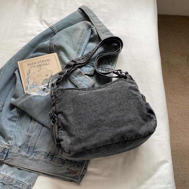 Vintage Denim Crossbody Bag Multi-Pocket Women's Shoulder Bag