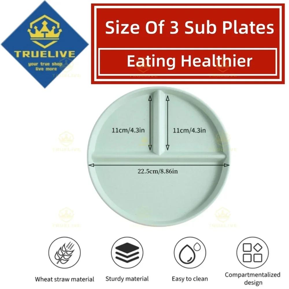 5/3/1pcs Reusable Round Dinner Plate Divided Dish In 3 Diet Dinner Plate Lightweight Wheat Straw Plates Weight Control Bowl