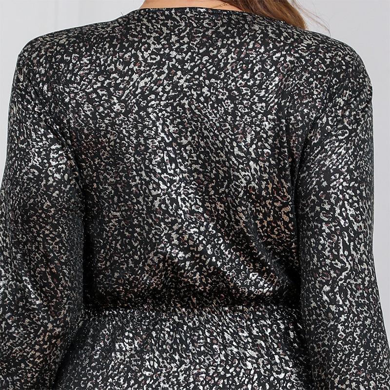 Women's Plus Size Sexy Solid Color Hot Silver Elastic Waist Midi Dress Slim V-Neck Long Sleeve Dress