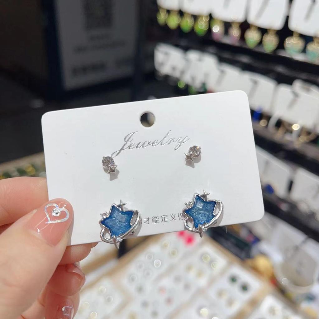 Modisches Blau Kristall Planet Herz Ohrstecker Set für Damen Exquisit Süß Zirkonia Fünfzackstern Kreuz Ohrringe Schmuck Geschenke