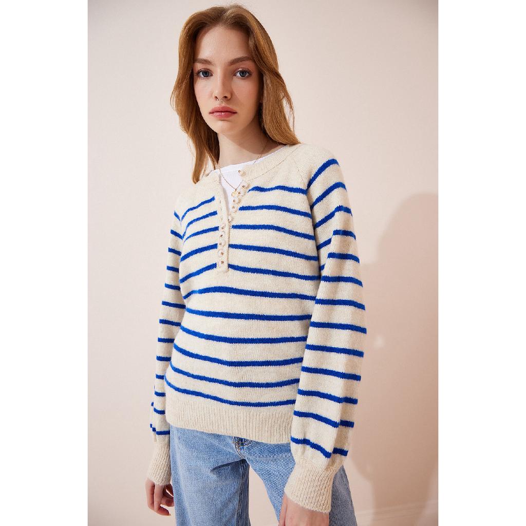 Gestreifter Strickpullover mit Knopfkragen in Knochenschwarz für Damen Lx00040