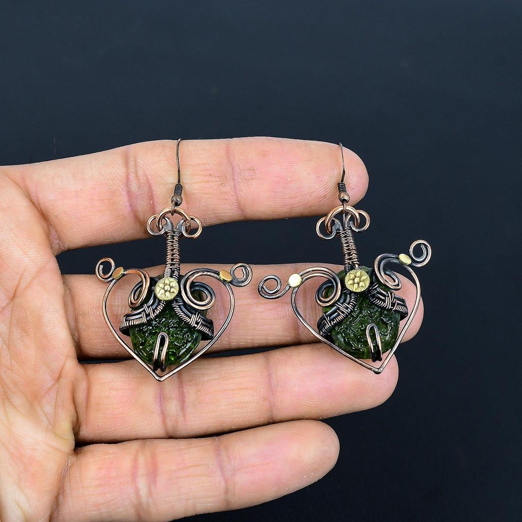 Moldavite Earrings, 999 Copper Wire Wrapped Gemstone Jewelry, Handmade  Earrings For Mother Day