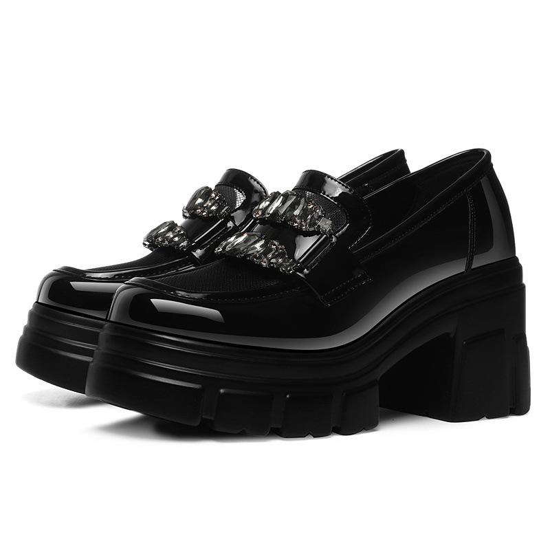 British Style Small Leather Shoes, New Thick-soled Mary Jane Shoes, Rhinestone Thick-soled Thick-heeled Shallow-mouth Patent Leather Loafers.