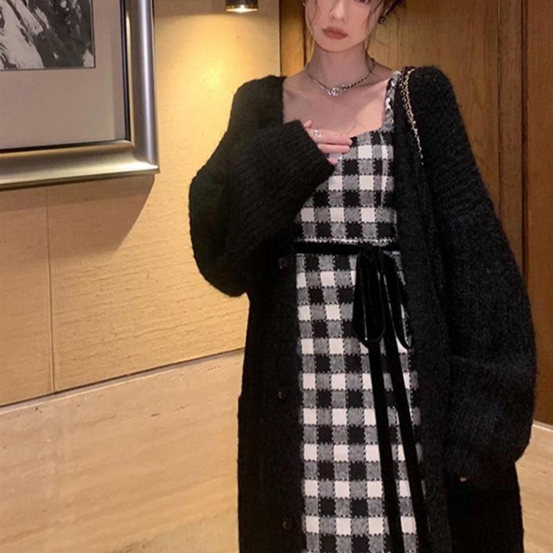 

Свободный и непринужденный стиль средней длины вязаный кардиган топ женский осень и зима новая атмосфера ретро свитер куртка One Size чёрный