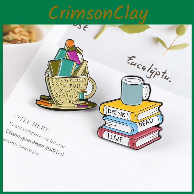 Enamel Coated Alloy Coffee Cup And Book Brooch For Eye-catching Fashion Accessories