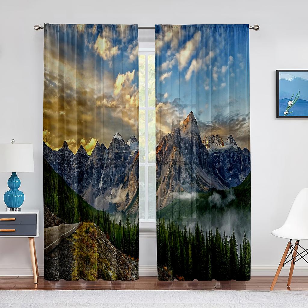 Autumn Mountains Forest Rivers Landscape Tulle Curtains for Living Room Decoration Chiffon Sheer Voile Kitchen Bedroom Curtain