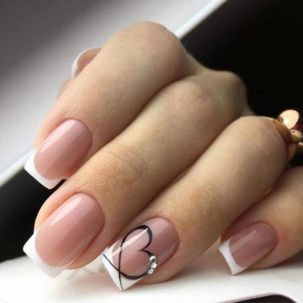24Pcs Nude White French Fake Nail Short Square Nail Tips Fashion Wearable False Nails with Glue Simple Full Cover Press on Nails