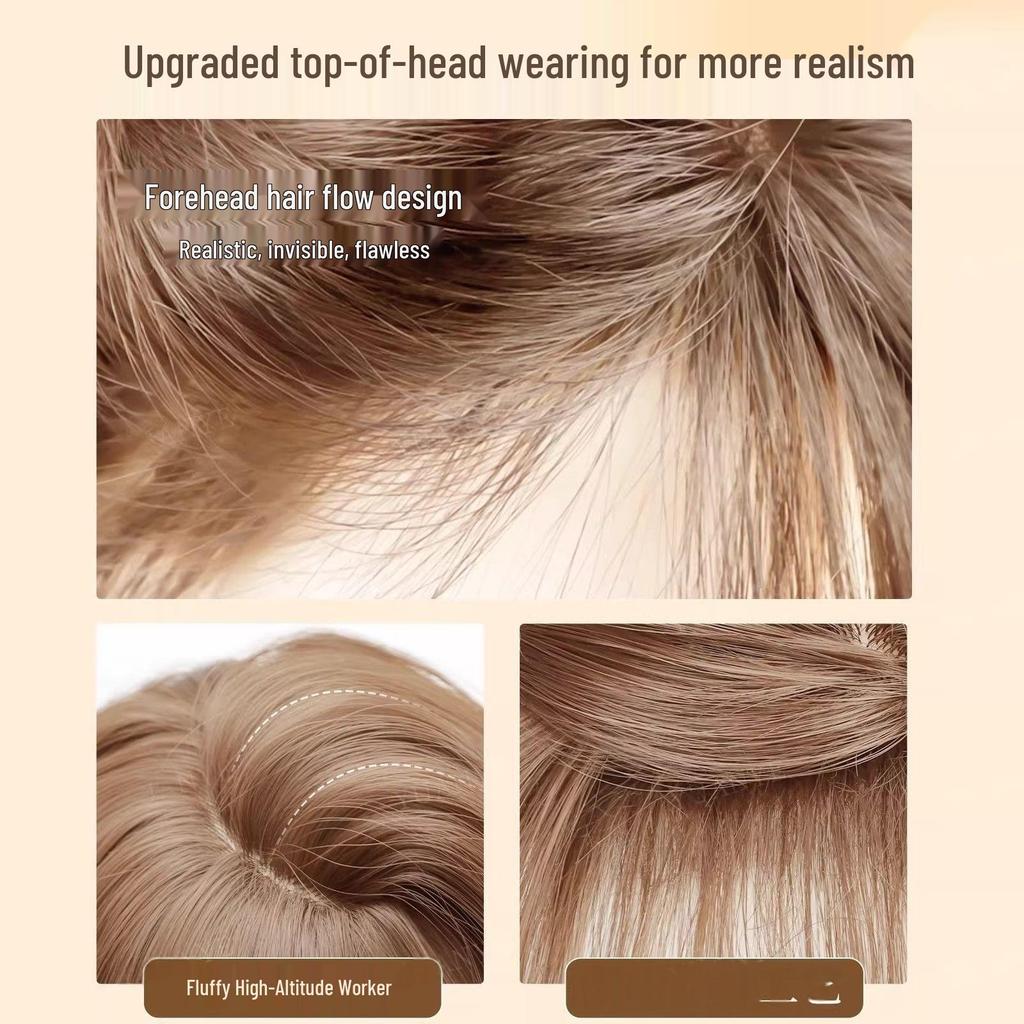 Korean Style Champagne Blonde Full Head Wig - Long Curly Hair with Blunt Bangs, Natural Seamless Fit, Big Waves, Light Gold Shade.