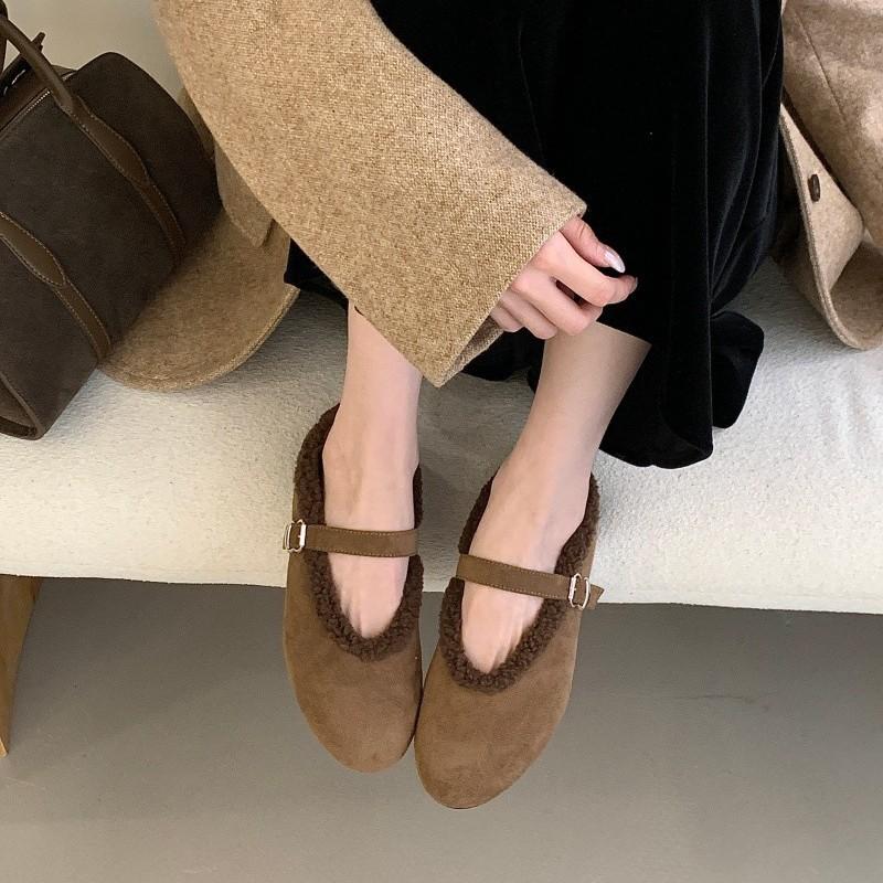 Winter plush warm fluffy shoes round head with flat bottom Mary Jane shoes women's versatile