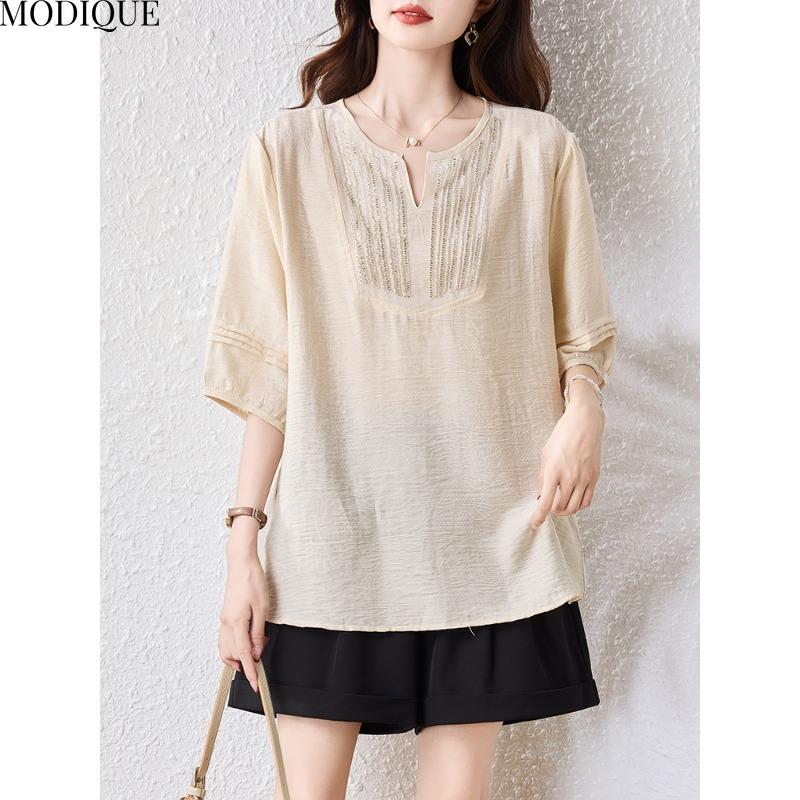 

MODIQUE Весна Лето Большой Размер Новая Женская Свободная Винтажная Однотонная Блузка Рубашки Женская Повседневная Оверсайз С Коротким Рукавом V-образный Вырез Топ Офисная Леди 5XL бежевый
