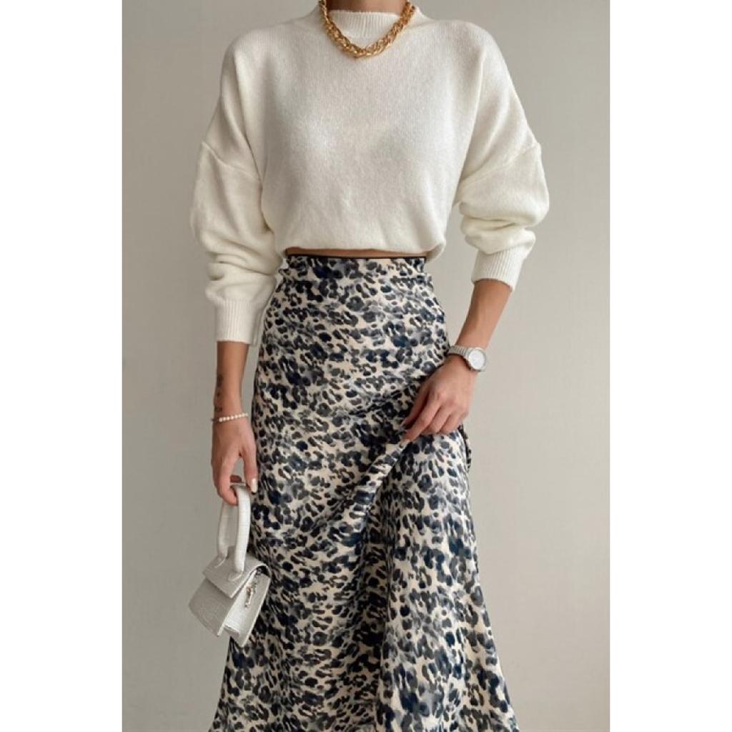 Leopard Pattern Satin Midi Length Brown Skirt
