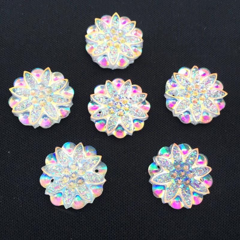 20pcs 18mm Round Flower AB Resin Crystal Strass Applique and  2 Holes Buttons for Diy Clothing - HA27