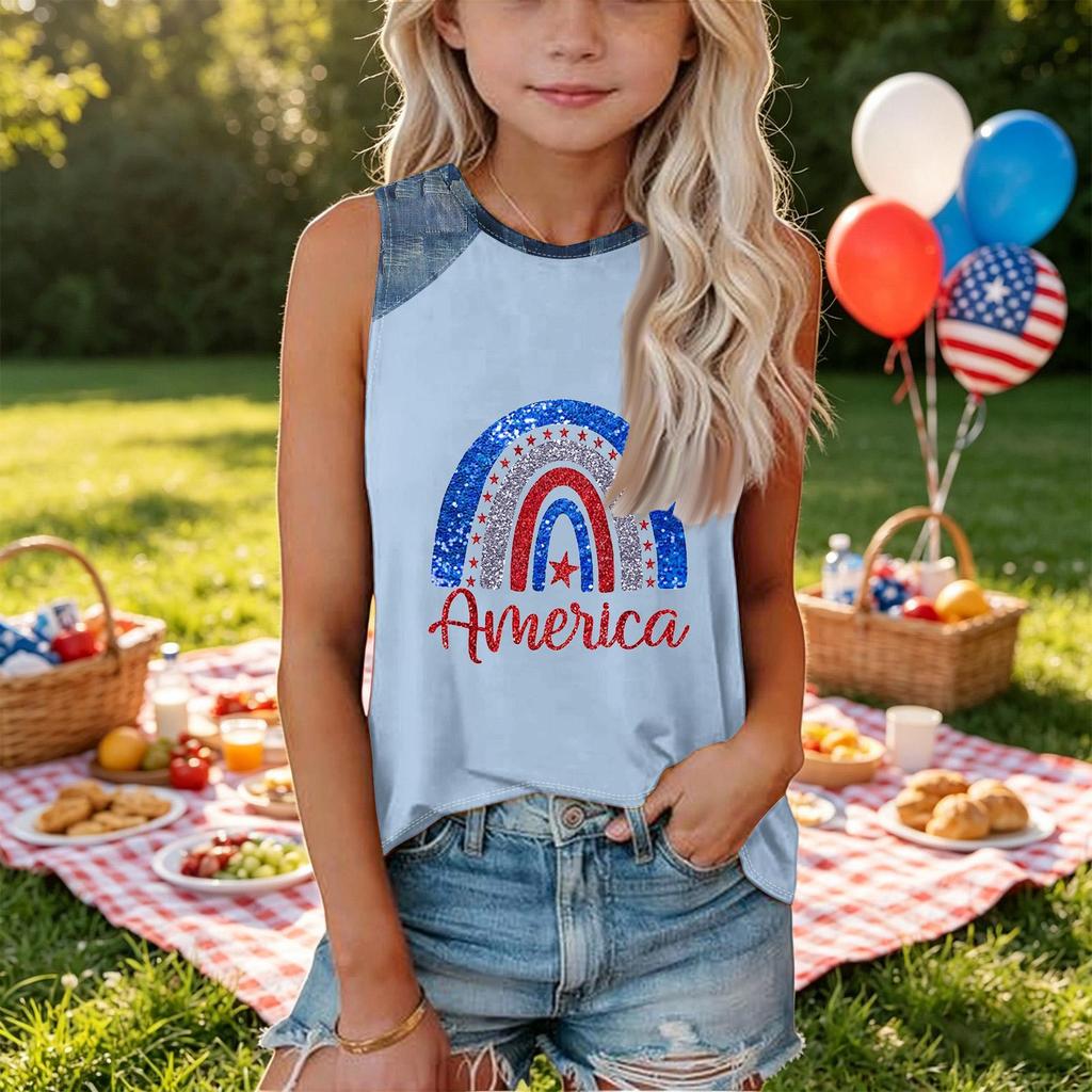 Girls Sleeveless Tank Top Loose Fit Round Neck T Shirt Independence Day Denim Print Casual Summer Tee for Kids