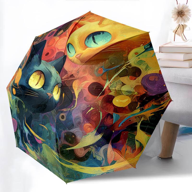 0106 Colorful Cat pattern, automatic folding umbrella, portable and foldable design, 8 ribs, a Christmas or birthday gift.