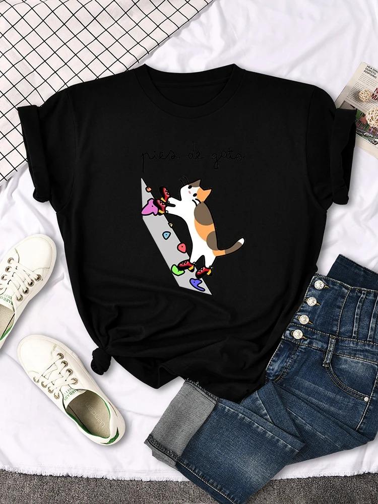 

Cat Rock Climbing Cute Print TShirt Womens Kawaii Cartoon Graphic Tops Females Korean Fashion Harajuku Women Summer Tshirts S