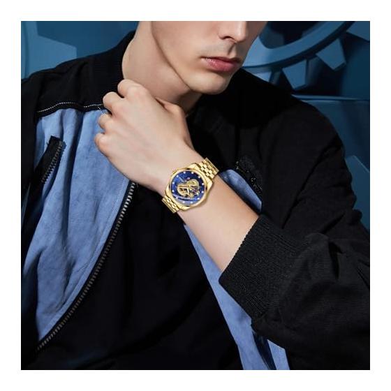 Dragon Watch Men's Stainless Steel Gold: Luminous Analog Calendar Dragon Quartz Watch Antique 3ATM Waterproof Men's Fashion Accessories Gold -